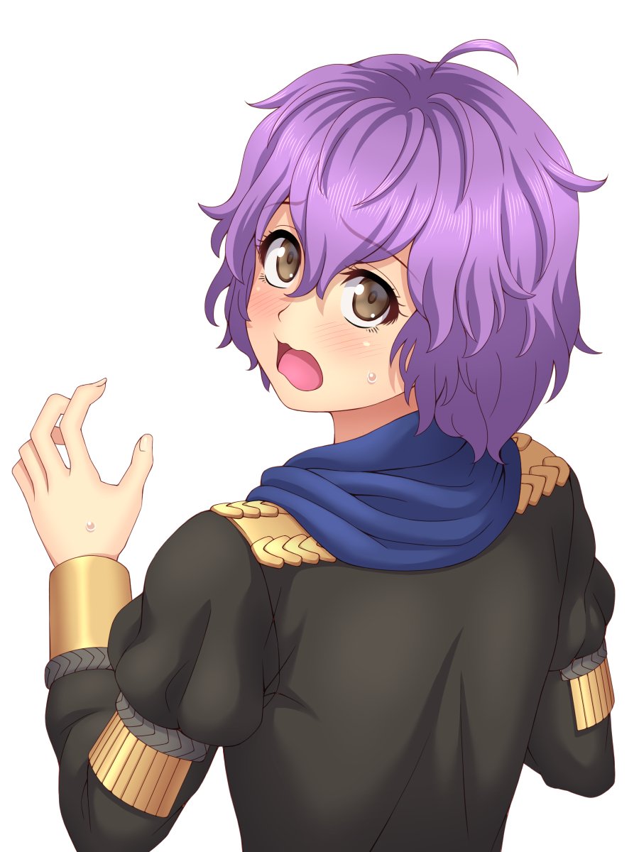 1girl ahoge bernadetta_von_varley brown_eyes european_clothes fire_emblem fire_emblem:_three_houses highres looking_at_viewer purple_hair rere_(yusuke) short_hair solo startled uniform wavy_hair white_background