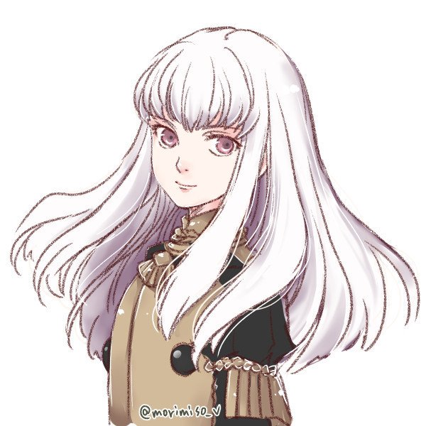 1girl bangs blush epaulettes fire_emblem fire_emblem:_three_houses insarability jacket long_hair long_sleeves looking_at_viewer lysithea_von_ordelia open_mouth pink_eyes simple_background smile solo uniform upper_body violet_eyes white_background white_hair