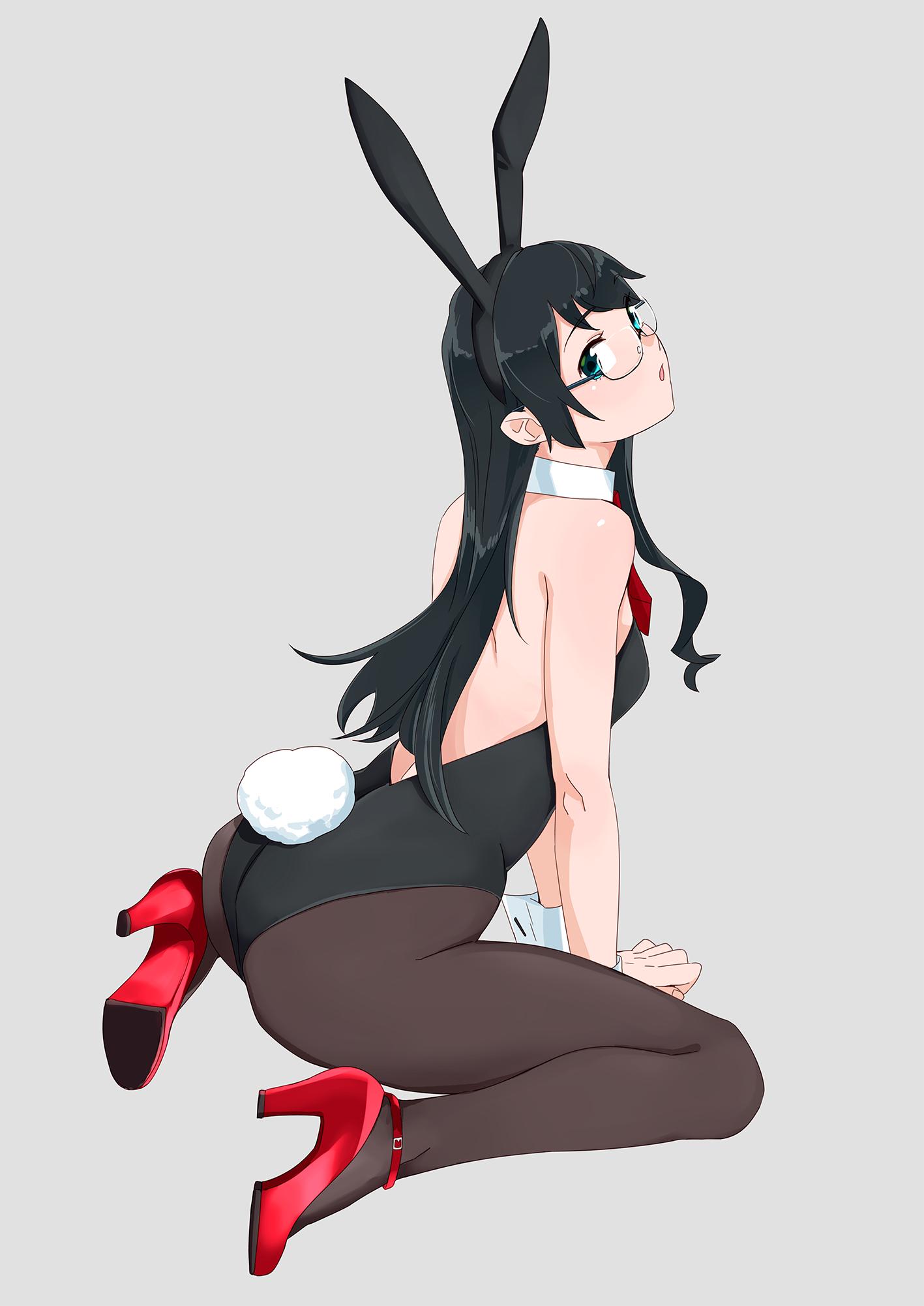 1girl :o animal_ears ass back bangs bare_shoulders black_hair black_leotard blue_eyes breasts brown_legwear bunny_girl bunny_tail bunnysuit commentary_request detached_collar eyebrows_visible_through_hair fake_animal_ears full_body glasses hairband high_heels highres kantai_collection leotard long_hair looking_at_viewer ojipon ooyodo_(kantai_collection) pantyhose parted_lips rabbit_ears semi-rimless_eyewear simple_background sitting small_breasts solo strapless strapless_leotard tail thighs under-rim_eyewear wariza wrist_cuffs