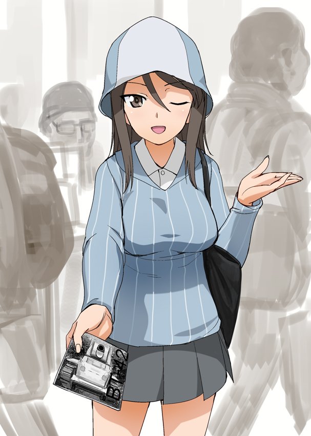 1girl 3boys a1 bag blue_shirt brown_eyes brown_hair commentary_request cowboy_shot dress_shirt girls_und_panzer grey_skirt hat keizoku_school_uniform long_hair long_sleeves looking_at_viewer mika_(girls_und_panzer) miniskirt multiple_boys multiple_others one_eye_closed photo_(object) pleated_skirt school_uniform shirt skirt solo_focus striped striped_shirt vertical-striped_shirt vertical_stripes white_shirt