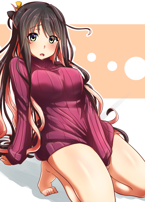 1girl arm_support barefoot black_hair breasts full_body kantai_collection kneeling kobamiso_(kobalt) large_breasts long_hair looking_at_viewer multicolored_hair naganami_(kantai_collection) pink_hair purple_sweater ribbed_sweater solo sweater two-tone_background two-tone_hair wavy_hair white_background