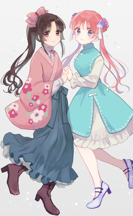 2girls bangs black_hair blue_eyes blunt_bangs blush boots bow brown_eyes commentary_request double_bun eyebrows_visible_through_hair floral_print flower full_body gintama hair_bow hair_flower hair_ornament high_heels high_ponytail holding_hands interlocked_fingers japanese_clothes kimono leg_up lolita_fashion long_hair multiple_girls nuka orange_hair qi_lolita short_hair simple_background smile standing tokugawa_soyo twintails wa_lolita wide_sleeves