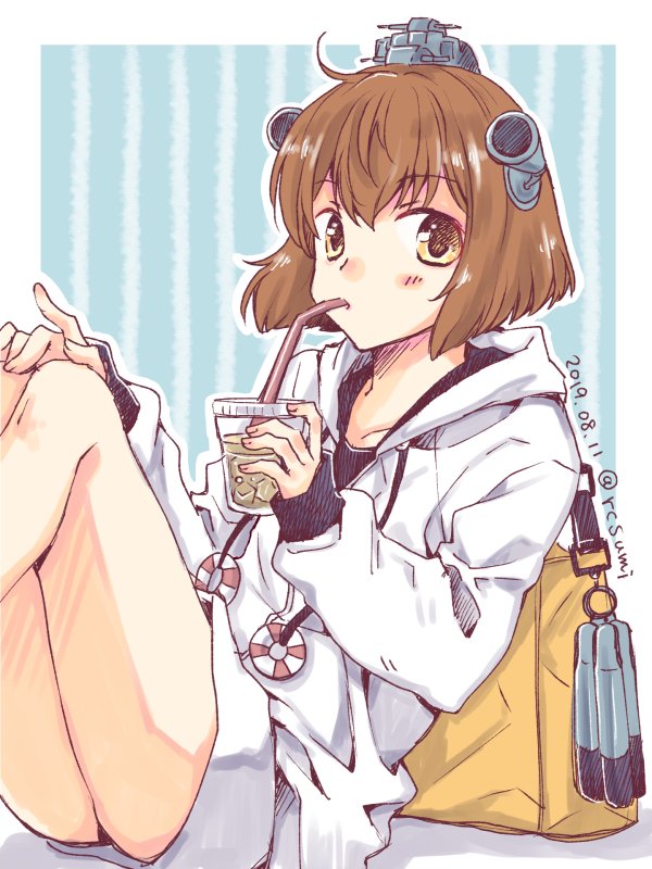 1girl ahoge ass_visible_through_thighs bag brown_eyes brown_hair cup dated drinking drinking_straw eyebrows_visible_through_hair headgear hood hood_down hooded_jacket jacket kantai_collection looking_at_viewer rcsumi short_hair sitting solo speaking_tube_headset thighs twitter_username white_jacket yukikaze_(kantai_collection)