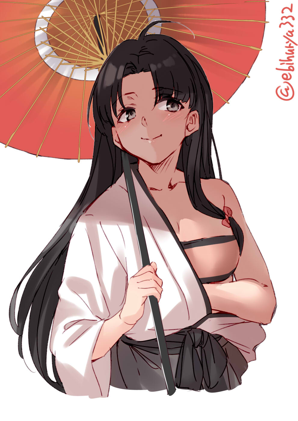 1girl black_hair black_skirt blush breasts brown_eyes closed_mouth ebifurya hadanugi_dousa highres japanese_clothes kantai_collection kappougi kimono large_breasts long_hair low-tied_long_hair oriental_umbrella pleated_skirt shouhou_(kantai_collection) simple_background skirt smile solo tasuki twitter_username umbrella white_background