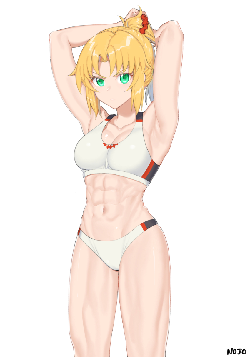 1girl 9nojo abs blonde_hair breasts commentary eyebrows_visible_through_hair fate/grand_order fate_(series) frown green_eyes hair_ornament hair_scrunchie highres large_breasts long_hair looking_at_viewer mordred_(fate) mordred_(fate)_(all) navel ponytail red_scrunchie scrunchie short_shorts shorts simple_background solo sportswear white_background white_shorts white_sports_bra