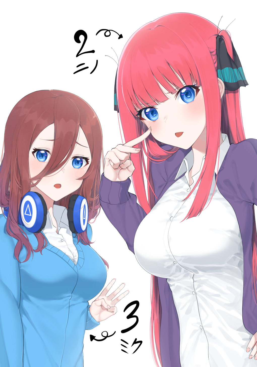 2girls 9nojo bangs black_ribbon blue_cardigan blue_eyes blunt_bangs blush breasts brown_hair cardigan commentary_request eyebrows_visible_through_hair go-toubun_no_hanayome hair_between_eyes hair_ornament hair_ribbon headphones headphones_around_neck highres large_breasts long_hair long_sleeves looking_at_viewer multiple_girls nakano_miku nakano_nino pink_hair redhead ribbon shirt tongue tongue_out upper_body w white_shirt