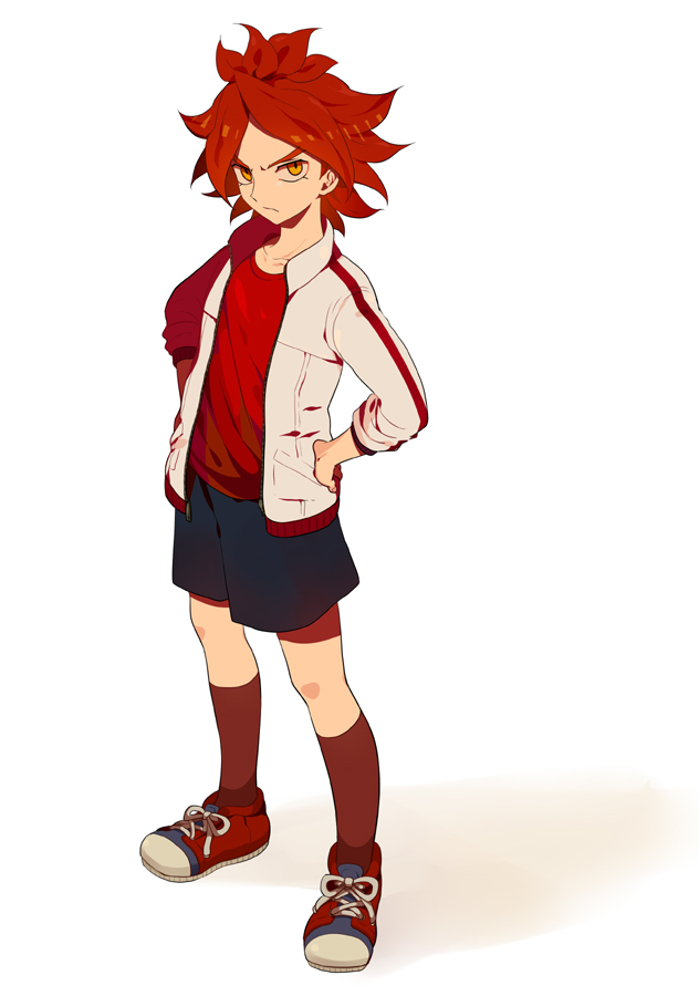 hand_on_hip hands_on_hips harano hips inazuma_eleven inazuma_eleven_(series) jacket looking_up male nagumo_haruya red_hair redhead shoes short_hair shorts sneakers yellow_eyes