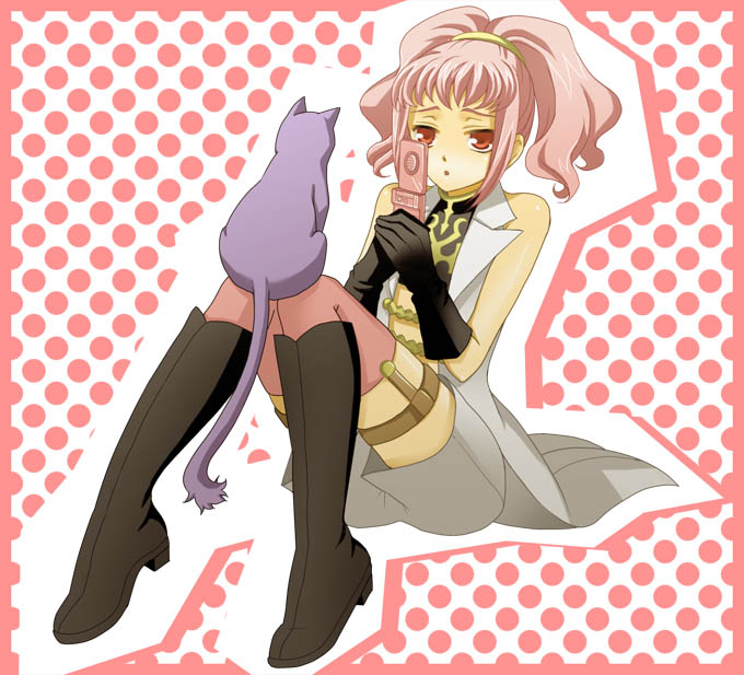 arthur_(code_geass) bad_id bare_shoulders cat cellphone code_geass ma phone pink_eyes pink_hair sleeveless sleeveless_turtleneck thighhighs turtleneck