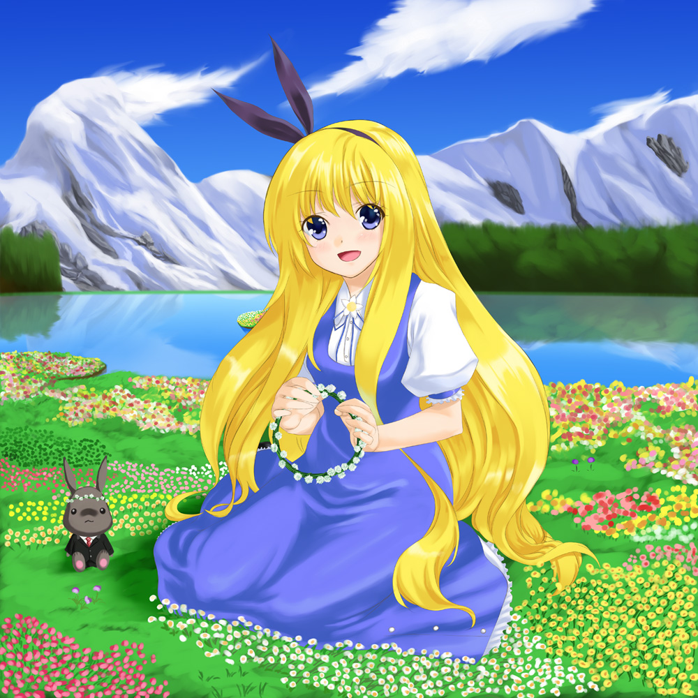 blue_eyes dress flower hair_ribbon kajiki long_hair mountain original ribbon very_long_hair yukimi_dango