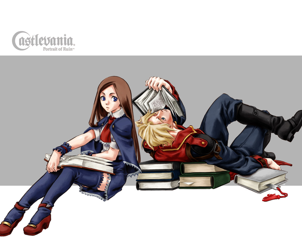 1boy 1girl akumajo_dracula black_footwear blonde_hair blue_capelet blue_eyes blue_legwear blue_thighhighs book bookmark books boots brown_hair capelet castlevania castlevania:_portrait_of_ruin charlotte_aulin closed_mouth collared_shirt crossed_legs_(lying) english green_eyes holding holding_book ichiji_shiki jonathan_morris knee_boots long_hair lying necktie official_art on_back open_book reading red_necktie red_neckwear red_shoes shirt shoes short_hair short_sleeves sitting skirt thigh-highs thighhighs wallpaper wink wristband zettai_ryouiki