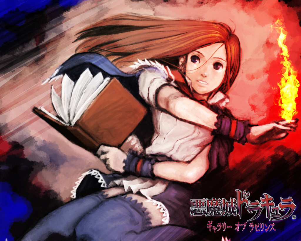 1girl akumajo_dracula blue_legwear blue_thighhighs book brown_hair capelet casting_spell castlevania castlevania:_portrait_of_ruin charlotte_aulin element_bender fighting_stance fire flame holding holding_book long_hair looking_away magic magician official_art pleated_skirt s._higashida school_uniform skirt solo thigh-highs thighhighs wristband zettai_ryouiki