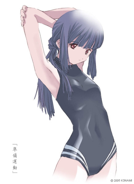 arms_up black_swimsuit blue_hair brown_eyes competition_swimsuit flat_chest long_hair one-piece_swimsuit ponytail stretch swimsuit tokimeki_memorial tokimeki_memorial_only_love yayoi_mina