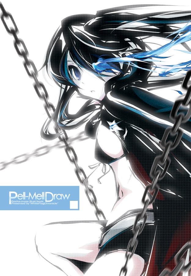 bikini_top black_hair black_rock_shooter black_rock_shooter_(character) blue_eyes chain cover doujinshi flat_chest front-tie_top g-ist glowing glowing_eyes long_hair midriff short_shorts shorts solo twintails
