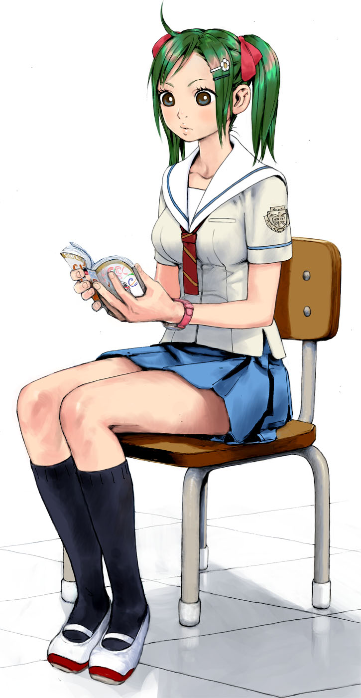 akiman book chair green_hair highres reading ribbon ribbons school_uniform serafuku sitting twintails yasuda_akira