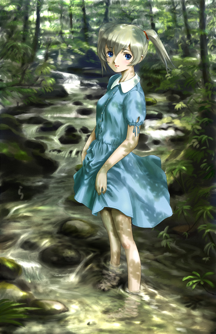 blonde_hair blue_eyes blush dress forest nature rasukaru shade smile solo stream twintails wading water