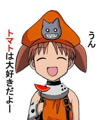 azumanga_daioh closed_eyes cosplay guilty_gear lowres may may_(cosplay) may_(guilty_gear) mihama_chiyo orange parody short_twintails solo tomato translated translation_request twintails