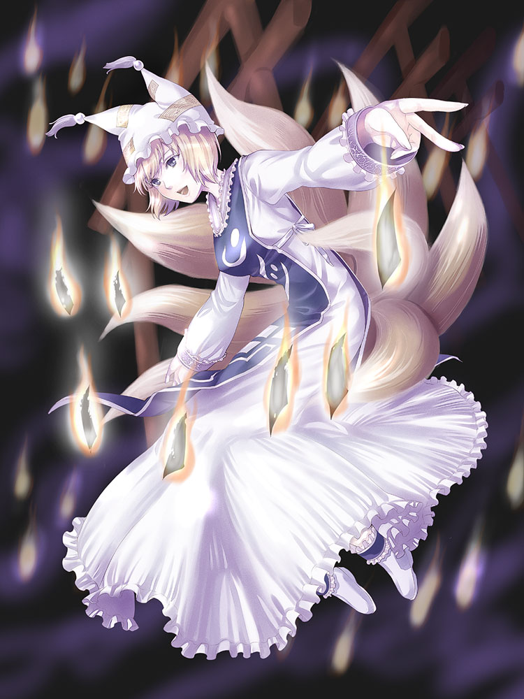 blonde_hair burning dress fingers floating fox_ears fox_tail hands hat kyuu_umi multiple_tails ofuda open_mouth outstretched_arms purple_eyes short_hair smile spread_arms tabard tail touhou yakumo_ran