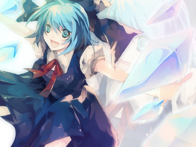 blue_hair cirno dress open_mouth outstretched_arms ren_(pixiv) ribbon short_hair smile spread_arms touhou wings