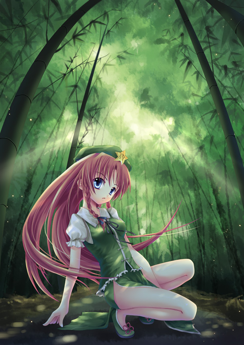 arm_support bad_id bamboo bamboo_forest blue_eyes braid china_dress chinadress chinese_clothes forest hat hong_meiling ken2325_(artist) long_hair nature red_hair redhead ribbon solo sousouman squatting touhou twin_braids