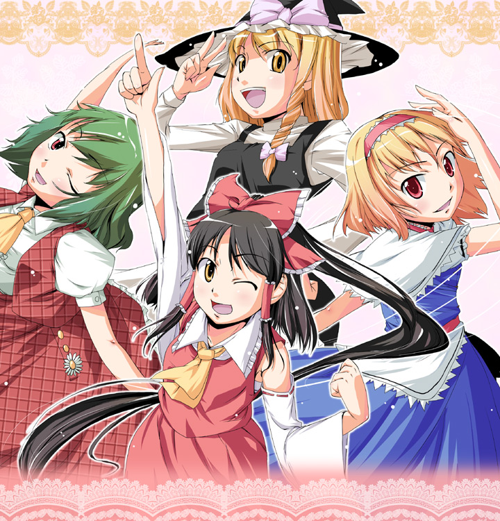 ;d alice_margatroid arm_up ascot black_hair blonde_hair bow braid detached_sleeves green_hair hair_bow hair_tubes hakurei_reimu hat hat_bow kazami_yuuka kirisame_marisa long_hair natsumi_akira open_mouth plaid plaid_skirt plaid_vest red_eyes short_hair side_braid skirt skirt_set smile touhou unmoving_pattern v very_long_hair wink witch_hat yellow_eyes