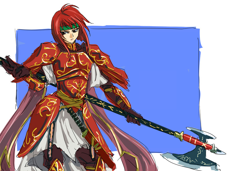 800x600 axe cape dragon_knight elbow_gloves fire_emblem fire_emblem:_mystery_of_the_emblem fire_emblem_mystery_of_the_emblem fire_emblem_shadow_dragon gloves hairband halberd headband japanese_clothes michael minerva_(fire_emblem) red_armor red_hair redhead short_hair sketch standing sword wallpaper weapon
