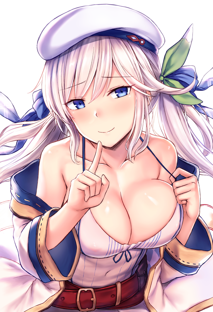 1girl bangs bare_shoulders belt beret blonde_hair blue_eyes blue_ribbon blush breasts cai_geng cleavage closed_mouth collarbone cucouroux_(granblue_fantasy) eyebrows_visible_through_hair finger_to_mouth granblue_fantasy hair_ribbon hat index_finger_raised jacket large_breasts long_hair looking_at_viewer off_shoulder open_clothes open_jacket ribbon shushing sidelocks simple_background smile solo strap_pull twintails white_background white_camisole white_jacket