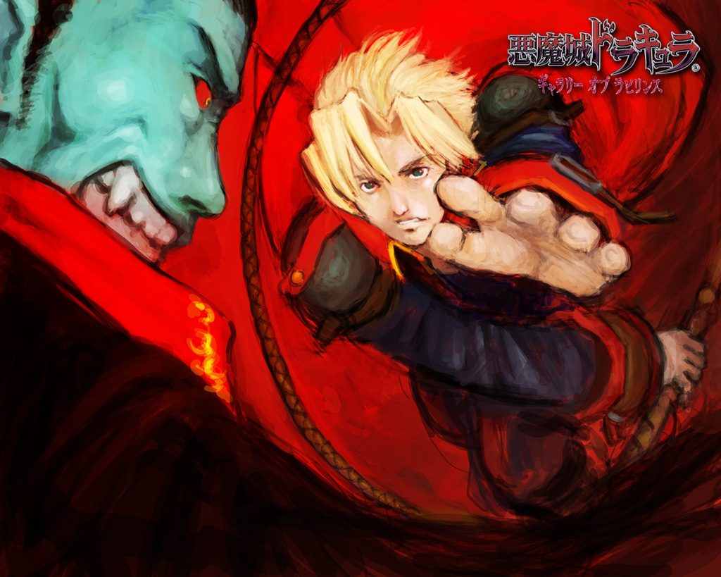 action akumajo_dracula black_hair blonde_hair blue_eyes blue_skin brauner castlevania castlevania:_portrait_of_ruin dracula evil_grin evil_smile fang fighting_stance green_eyes grin jonathan_morris male multiple_boys official_art outstretched_arm outstretched_hand profile reaching red_eyes s._higashida short_hair sideburns smile trench_coat vampire whip