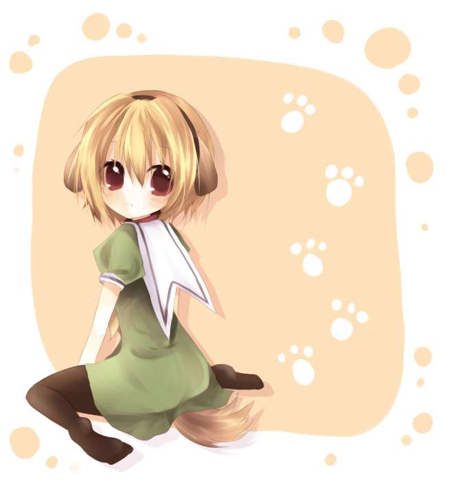 animal_ears bad_id blonde_hair dog_ears dress feet hairband headband higurashi_no_naku_koro_ni houjou_satoko kneeling looking_back no_shoes ou_(swdp) pantyhose paw_print red_eyes school_uniform short_hair sitting tail wariza