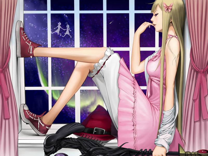 800x600 bad_id blonde_hair bloomers dress long_hair no_socks penpen_(artist) profile shoes sitting sneakers staff wallpaper window windowsill