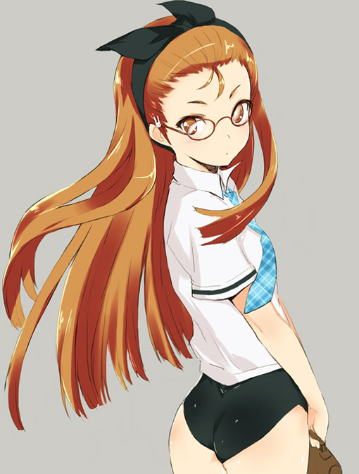 bag bloomers bow brown_eyes brown_hair glasses hair_bow idolmaster kawata_hisashi looking_back minase_iori necktie no_pants one-piece_swimsuit rough_time_school school_swimsuit school_uniform serafuku swimsuit swimsuit_under_clothes