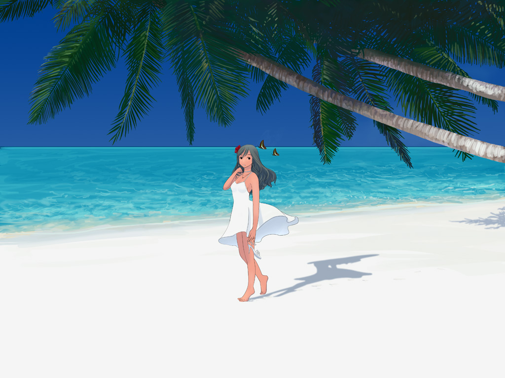 1024x768 barefoot beach butterfly dress kmr long_hair original palm_tree room405 sand souldeep sundress tree tropical wallpaper white_dress