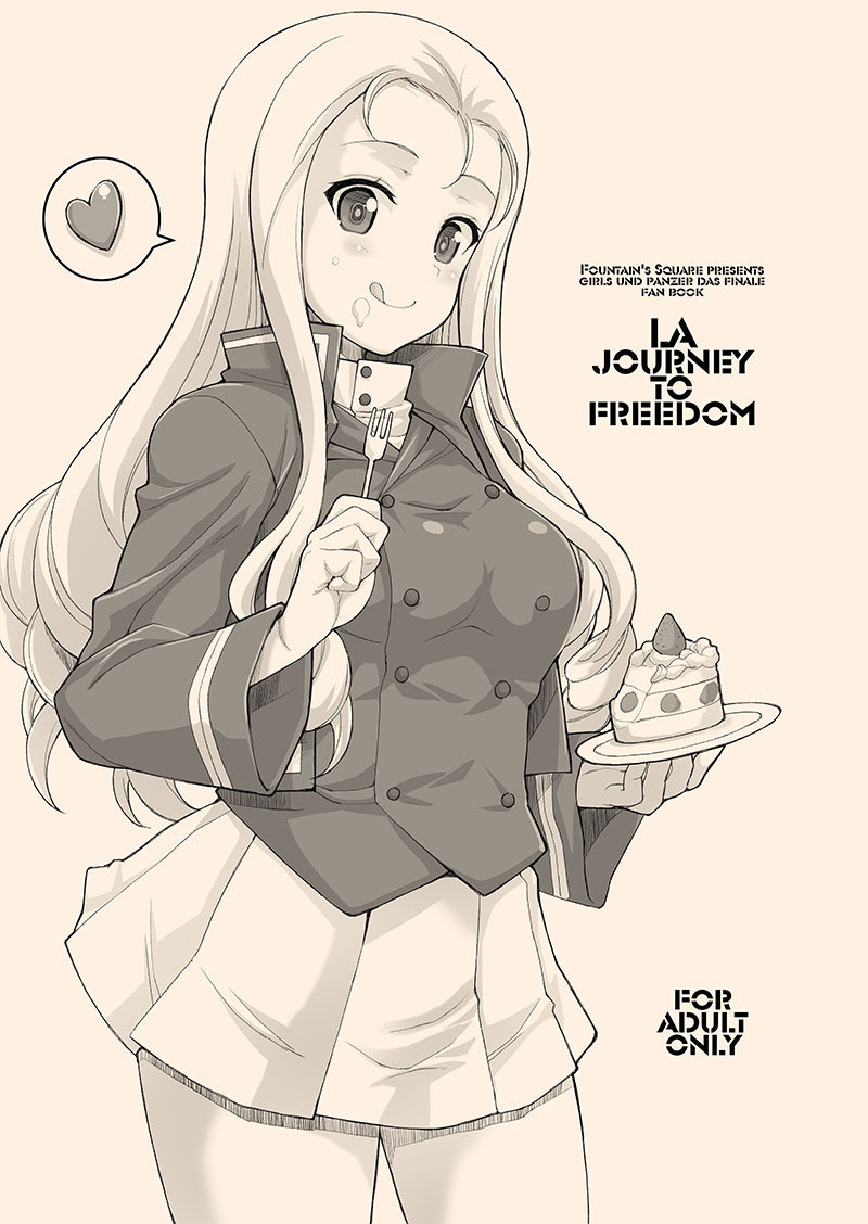 1girl :q bc_freedom_military_uniform brown_theme cake circle_name closed_mouth copyright_name cowboy_shot dress_shirt drill_hair english_text food food_on_face fork girls_und_panzer hagiya_masakage heart high_collar holding holding_fork holding_saucer jacket long_hair long_sleeves looking_at_viewer marie_(girls_und_panzer) military military_uniform miniskirt monochrome pleated_skirt shirt skirt smile solo spoken_heart standing tongue tongue_out uniform vest