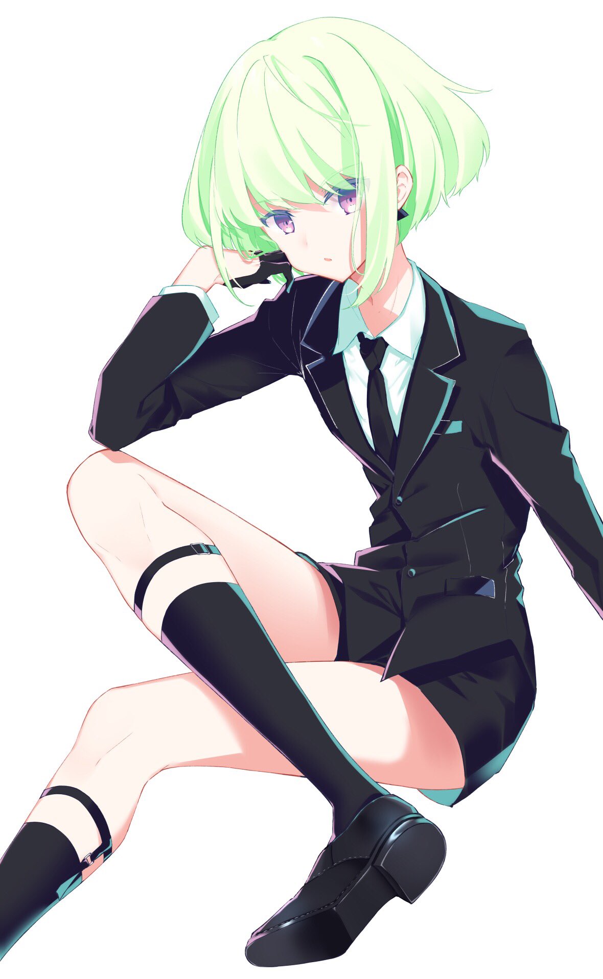 1boy black_gloves crossed_legs dress_shirt earrings formal gloves green_hair half_gloves highres jacket jewelry kisaragi_yuri lio_fotia long_sleeves male_focus necktie pant_suit promare shirt shorts smile suit violet_eyes