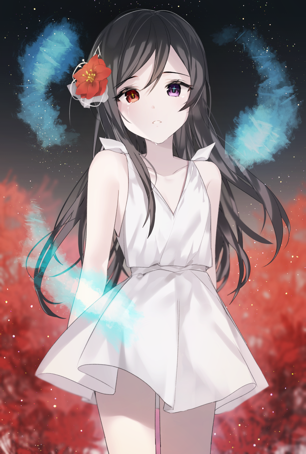 1girl bare_shoulders black_hair blue_eyes breasts collarbone commentary_request dress flower hair_flower hair_ornament highres long_hair looking_at_viewer night night_sky original parted_lips red_eyes red_flower short_dress sky small_breasts standing tears teeth white_dress yuhi_(hssh_6)