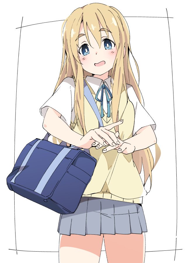 1girl bag blonde_hair blue_eyes blue_ribbon cowboy_shot eyebrows grey_skirt hair_between_eyes ixy k-on! kotobuki_tsumugi long_hair looking_at_viewer neck_ribbon open_mouth ribbon sakuragaoka_high_school_uniform school_bag school_uniform skirt solo sweater_vest white_background