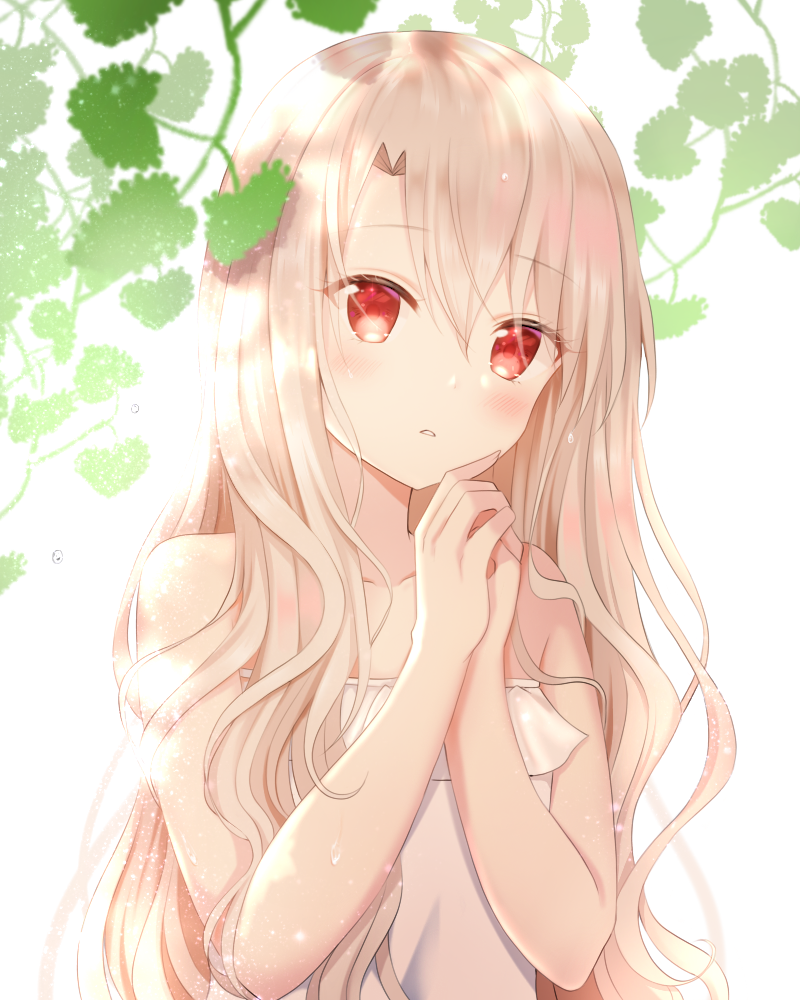 1girl bangs bare_arms bare_shoulders blonde_hair blush collarbone commentary_request eyebrows_visible_through_hair fate/kaleid_liner_prisma_illya fate_(series) hair_between_eyes hands_up illyasviel_von_einzbern leaf long_hair looking_at_viewer nasii own_hands_together parted_lips plant red_eyes simple_background solo strapless upper_body wavy_mouth white_background