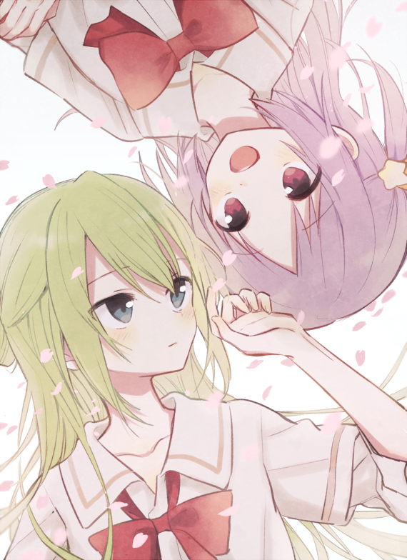 2girls :d alina_gray bangs blue_eyes blush bow boyano closed_mouth collarbone collared_shirt eyebrows_visible_through_hair gradient gradient_background green_hair grey_background hair_between_eyes hair_ornament hand_up long_hair lying magia_record:_mahou_shoujo_madoka_magica_gaiden mahou_shoujo_madoka_magica misono_karin multiple_girls on_back open_mouth parted_bangs petals purple_hair red_bow red_eyes shirt short_sleeves smile star star_hair_ornament two_side_up upper_teeth white_background white_shirt