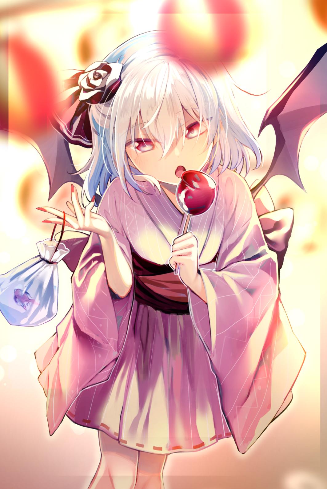 1girl :o bag bangs bat_wings blurry_foreground candy_apple commentary_request eyebrows_visible_through_hair feet_out_of_frame fish flower food hair_between_eyes hair_flower hair_ornament hair_ribbon hand_up head_tilt highres holding holding_food japanese_clothes kimono long_sleeves looking_at_viewer nail_polish no_hat no_headwear obi open_mouth pink_kimono plastic_bag red_eyes red_flower red_nails red_ribbon red_rose red_sash remilia_scarlet ribbon ribbon_trim rose sash short_hair silver_hair solo standing touhou wide_sleeves wings yuki_(popopo)