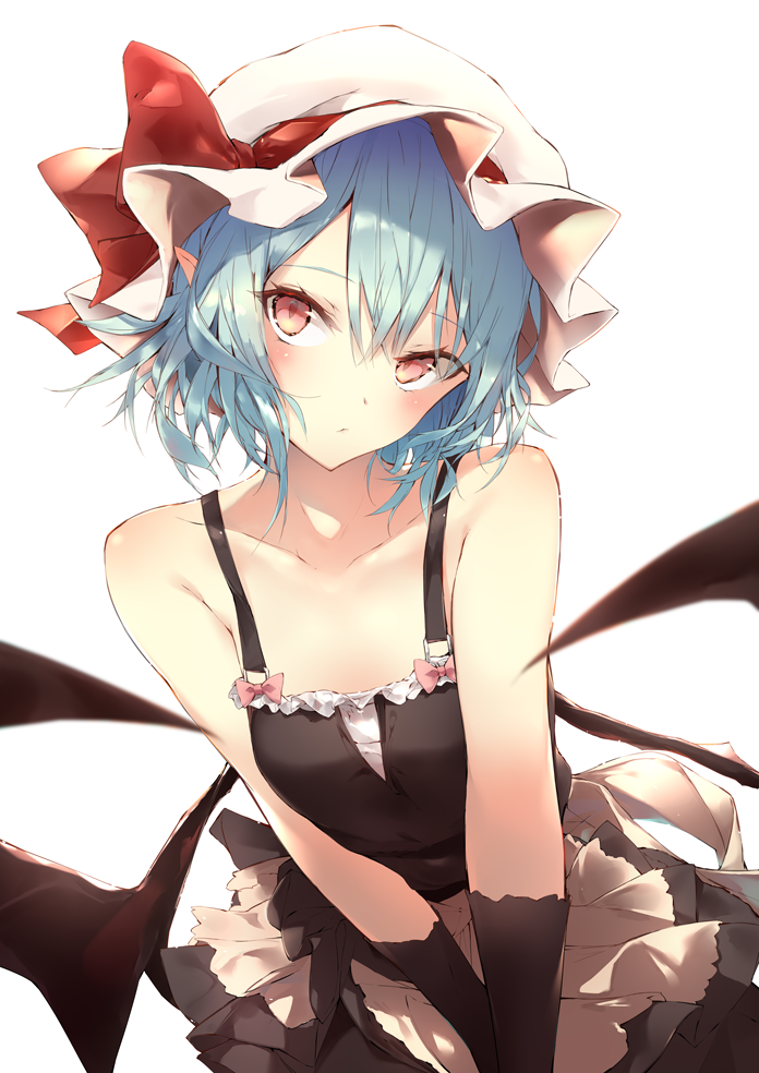 1girl alternate_costume apron bangs bare_shoulders bat_wings black_gloves black_skirt blue_hair blush bow breasts camisole collarbone commentary_request eyebrows_visible_through_hair gloves hair_between_eyes hat hat_ribbon head_tilt looking_at_viewer mob_cap partial_commentary pink_bow pointy_ears red_eyes red_ribbon remilia_scarlet ribbon sakusyo short_hair simple_background skirt skirt_set small_breasts solo spaghetti_strap touhou upper_body v_arms waist_apron white_apron white_background white_headwear wings