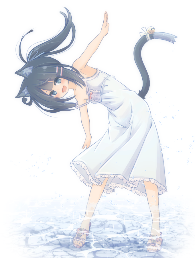 1girl :d animal_ear_fluff animal_ears bangs bare_arms bare_shoulders bell black_hair blue_eyes blue_ribbon blush cat_ears cat_girl cat_tail collarbone commentary_request dress eyebrows_visible_through_hair fujisaki_yuu full_body hair_ornament hair_ribbon hairclip jingle_bell leaning_forward long_hair looking_at_viewer open_mouth original pink_footwear ponytail ribbon sandals shallow_water sidelocks sleeveless sleeveless_dress smile solo tail tail_bell wading water white_background white_dress