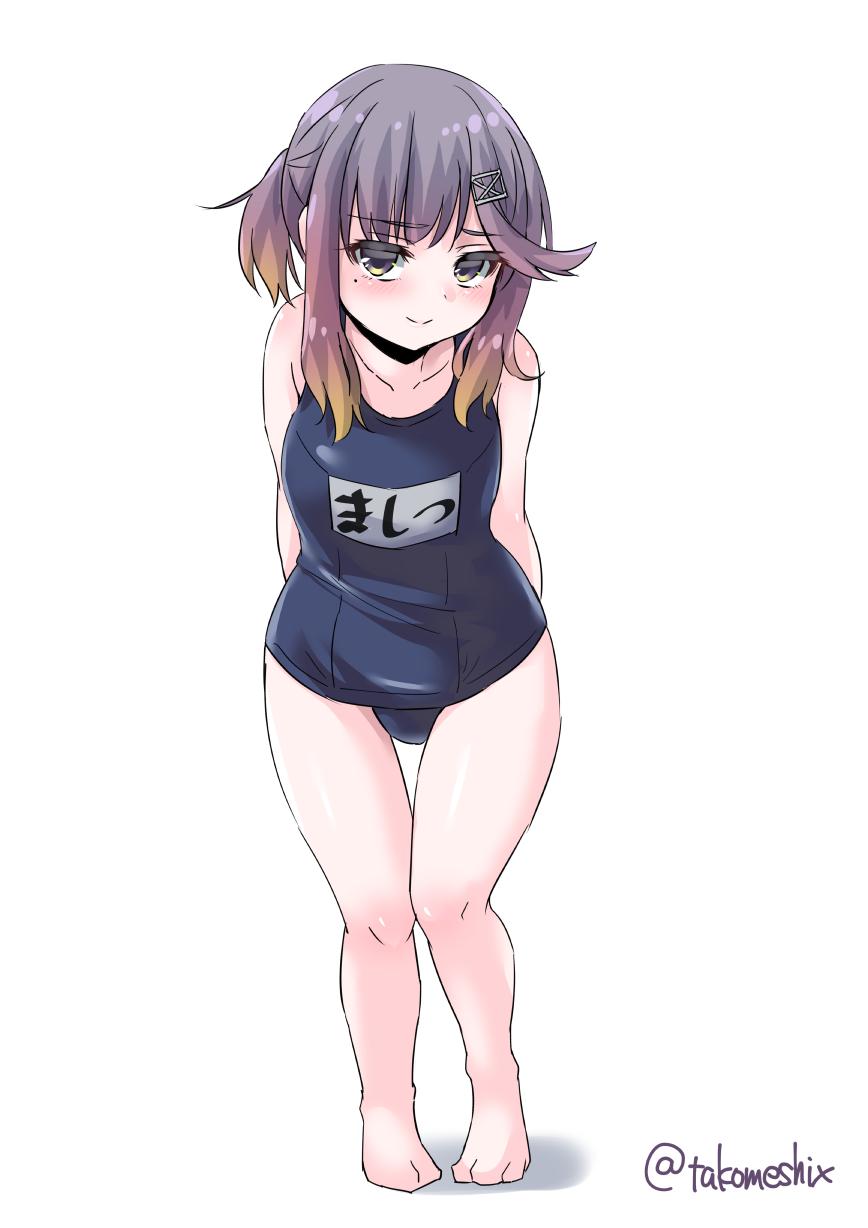 1girl arms_behind_back barefoot blue_swimsuit character_name commentary_request flat_chest full_body gradient_hair highres kantai_collection looking_at_viewer multicolored_hair name_tag orange_hair purple_hair school_swimsuit short_hair sidelocks simple_background smile solo swimsuit takomeshi thigh_gap tsushima_(kantai_collection) twitter_username violet_eyes white_background