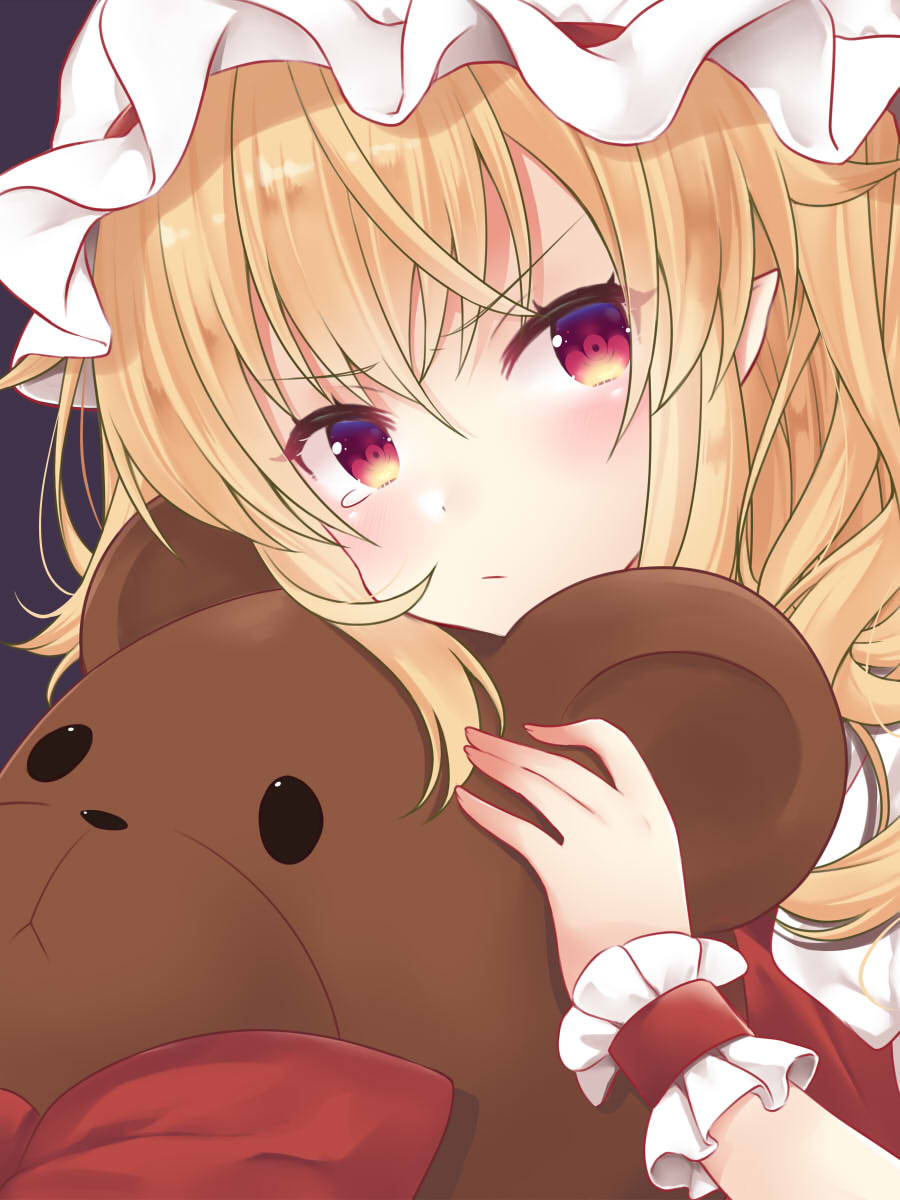 1girl black_background blonde_hair blush eyebrows_visible_through_hair flandre_scarlet furrowed_eyebrows hair_between_eyes hat hat_ribbon highres holding holding_stuffed_animal looking_at_viewer mob_cap pointy_ears pout red_eyes red_vest ribbon shirt short_hair side_ponytail simple_background solo stuffed_animal stuffed_toy tearing_up teddy_bear tosakaoil touhou upper_body vest white_headwear white_shirt wrist_cuffs