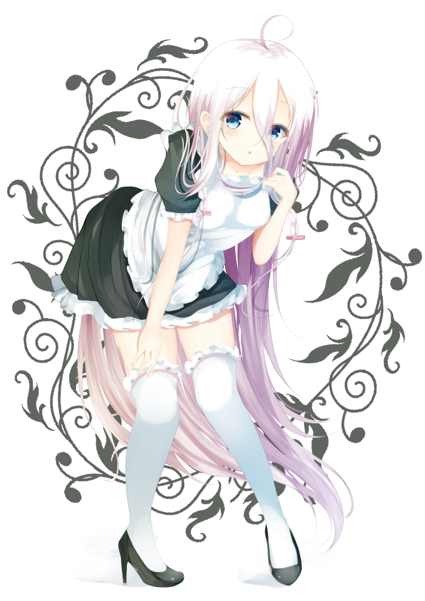 1girl :o alternate_costume apron aties20 bangs bent_over black_dress black_footwear blue_eyes blush braid commentary dress enmaided eyebrows_visible_through_hair frilled_dress frills full_body hair_between_eyes hand_up high_heels ia_(vocaloid) long_hair looking_at_viewer maid maid_apron parted_lips puffy_short_sleeves puffy_sleeves purple_hair shadow shoes short_sleeves solo thigh-highs very_long_hair vocaloid white_apron white_background white_legwear