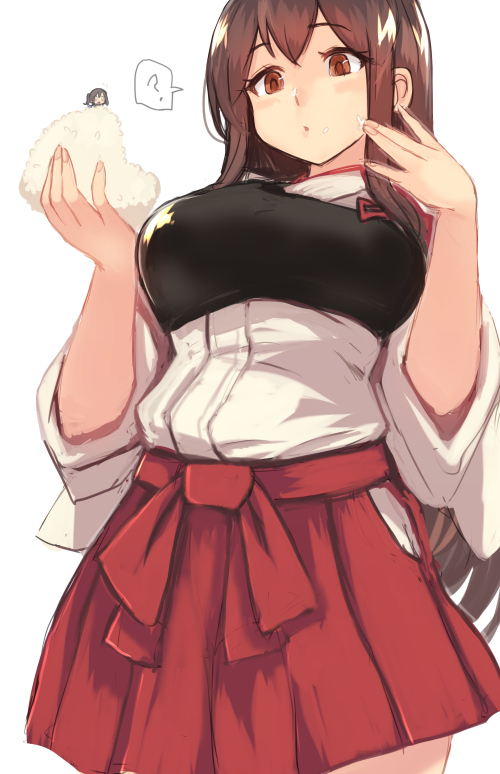 2girls akagi_(kantai_collection) bloated blush breasts brown_eyes brown_hair fairy food food_on_face food_on_finger giantess hakama_skirt holding_person japanese_clothes kantai_collection large_breasts long_hair looking_at_viewer multiple_girls muneate onigiri panicking parted_lips red_skirt sidelocks simple_background size_difference skirt solo_focus standing upper_body utopia vore white_background wide_sleeves