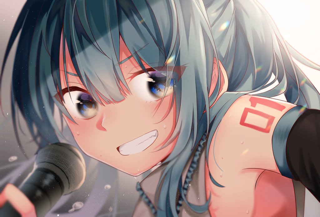 1girl armpits bare_shoulders blue_eyes blue_hair blurry blurry_background blurry_foreground close-up commentary depth_of_field detached_sleeves frilled_shirt_collar frills from_side grin hatsune_miku holding holding_microphone long_hair looking_at_viewer microphone mukuro_usss portrait rainbow refraction shirt shoulder_tattoo sleeveless sleeveless_shirt smile solo spotlight sweat tattoo tsurime twintails very_long_hair vocaloid