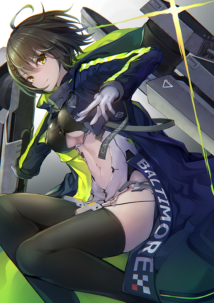 1girl ahoge ass_visible_through_thighs azur_lane baltimore_(azur_lane) bangs black_leotard blush boots braid breasts brown_hair center_opening coat floating_hair garter_straps gloves groin hair_between_eyes hand_up kurenai_musume large_breasts leotard looking_at_viewer navel open_clothes open_coat open_mouth pelvic_curtain purple_coat rigging short_hair solo stomach thigh-highs thigh_boots underboob_cutout white_gloves yellow_eyes
