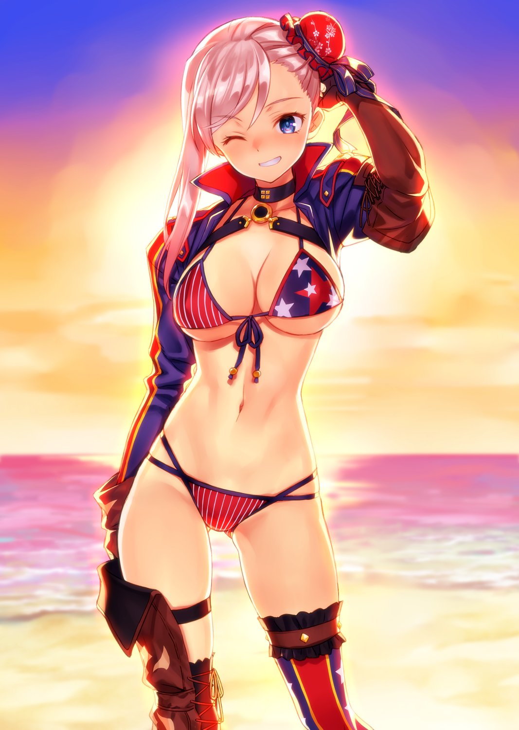 1girl american_flag_bikini asymmetrical_hair bangs bikini blue_eyes breasts bun_cover fate/grand_order fate_(series) flag_print highres large_breasts long_hair looking_at_viewer matsuryuu miyamoto_musashi_(fate/grand_order) miyamoto_musashi_(swimsuit_berserker)_(fate) pink_hair solo swimsuit