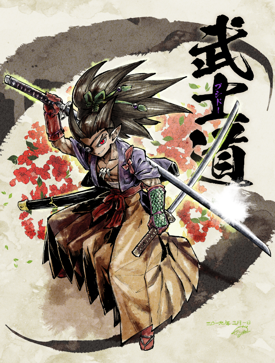 1boy black_eyepatch black_hair bow collarbone dark_skin dragon_quest dragon_quest_builders_2 dual_wielding eyepatch full_body gloves grin hakama highres holding japanese_clothes jewelry katana kimono long_hair looking_at_viewer male_focus necklace nishizawa_ichiya orange_hakama pointy_ears ponytail print_eyepatch pun purple_kimono red_bow red_eyes red_gloves reverse_grip samurai sidoh_(dqb2) smile solo spiky_hair standing sword waist_bow weapon