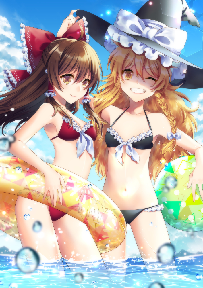 2girls ball bangs bare_arms bare_shoulders beachball bikini black_bikini black_headwear blue_sky bow braid breasts brown_eyes brown_hair clouds collarbone commentary_request cowboy_shot day eyebrows_visible_through_hair frilled_bikini frilled_bow frills front-tie_bikini front-tie_top grin hair_between_eyes hair_bow hair_tubes hakurei_reimu halterneck hat hat_bow holding innertube kirisame_marisa kirisita long_hair looking_at_viewer multiple_girls navel one_eye_closed outdoors red_bikini red_bow sidelocks single_braid sky small_breasts smile standing stomach swimsuit thighs touhou wading water water_drop white_bow witch_hat