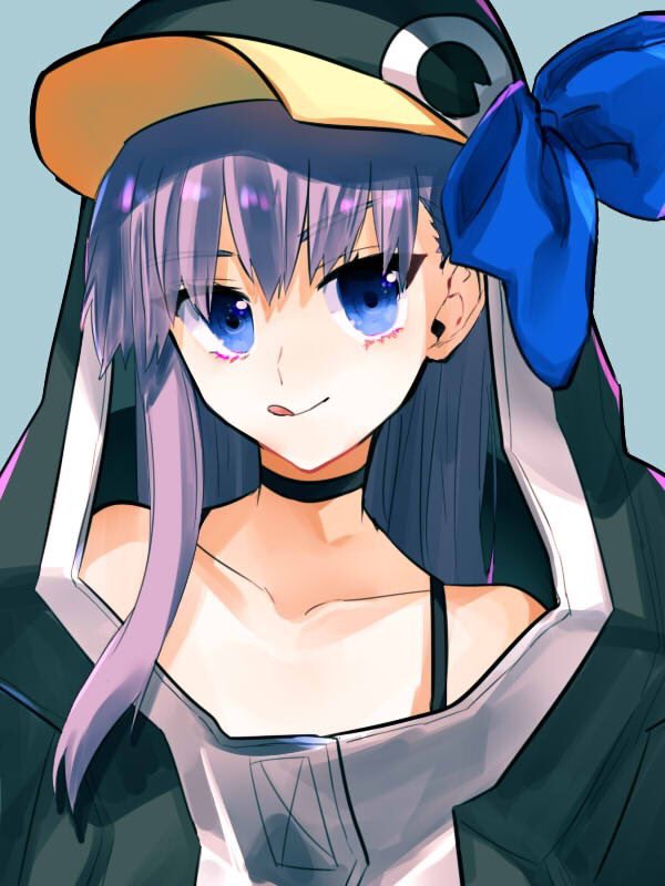 1girl :q animal_costume blue_eyes bow bra_strap choker collarbone eyebrows_visible_through_hair fate/extra fate/extra_ccc fate/grand_order fate_(series) hair_bow hood hood_up hoodie kosiro_546 long_hair meltryllis penguin_costume purple_hair simple_background solo tongue tongue_out tsurime upper_body
